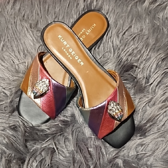 Kurt Geiger Shoes - Kurt Geiger Multicolor Metallic Leather Slide Mules with Jewel Accent